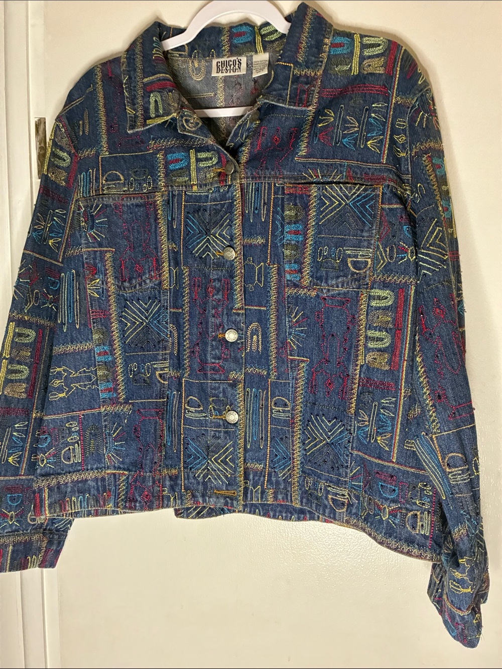 Chico's Multicolor Patterned Blue Denim Jacket Intricate Embroidery and Beadwork